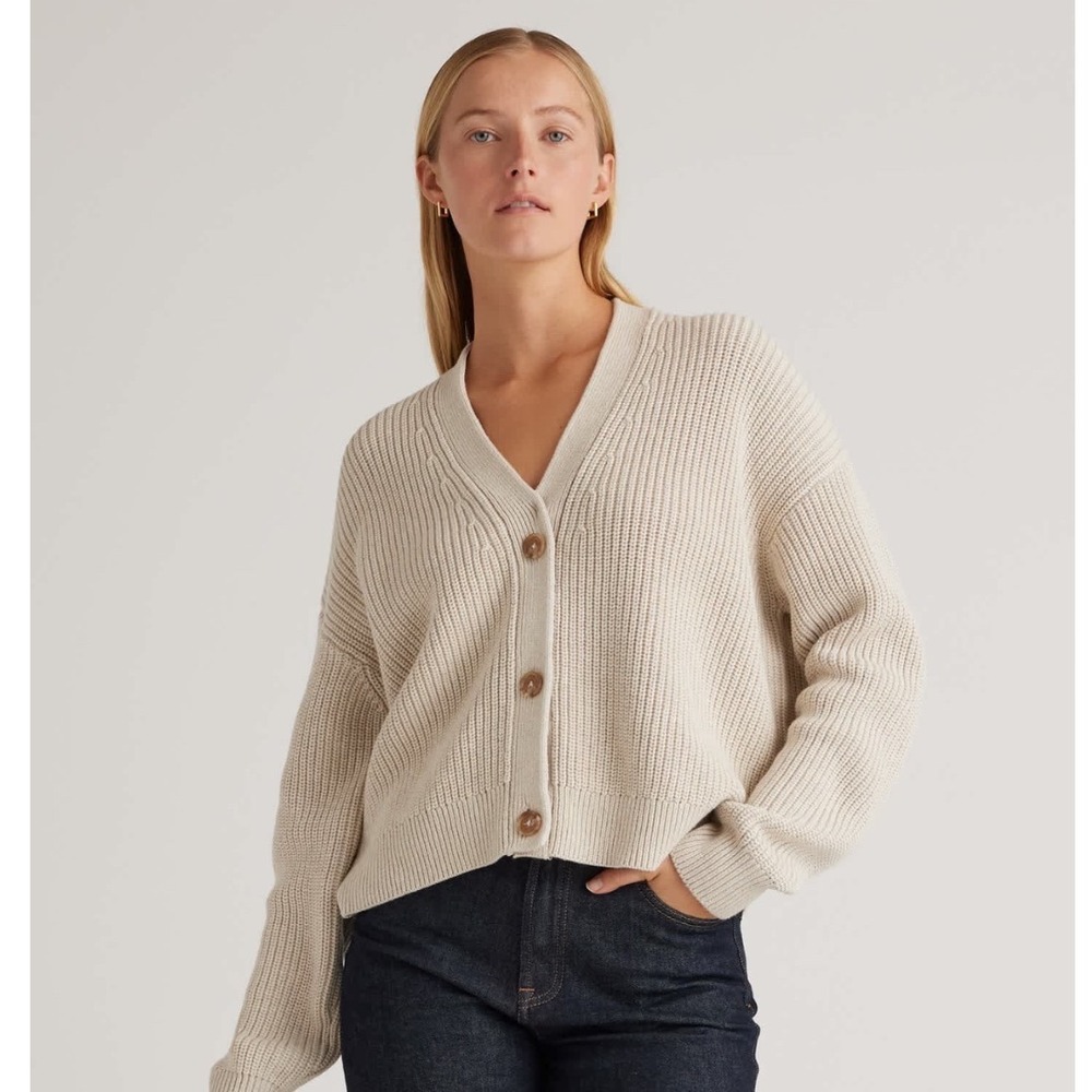 Quince Organic Cotton Fisherman Boxy Cropped Cardigan Speckled Beige XS SGK001